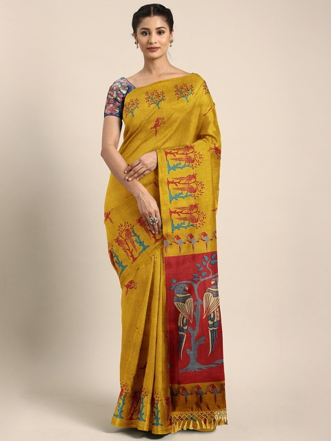 

KALINI Mustard & Brown Art Silk Printed Khadi Saree
