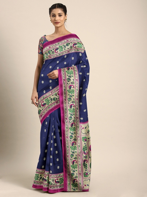 

KALINI Navy Blue & Pink Art Silk Printed Saree