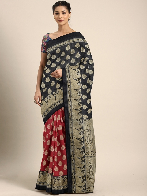 

KALINI Black & Red Art Silk Printed Half and Half Saree