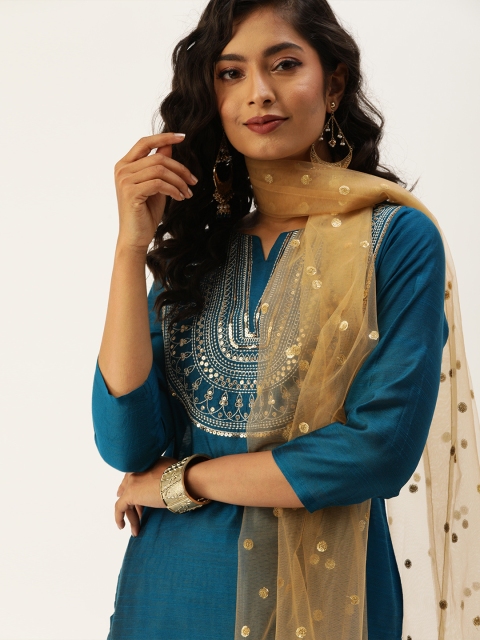 

Varanga Women Teal Blue & Beige Sequined Yoke Design Kurta with Trousers & Dupatta