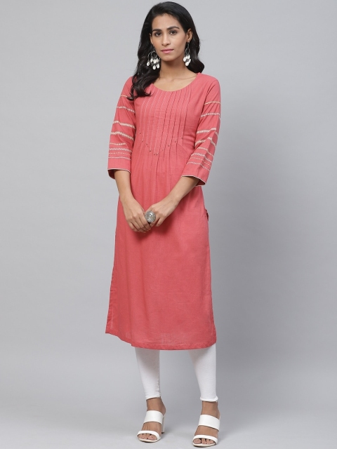 

Biba Women Coral Red Yoke Design Straight Kurta
