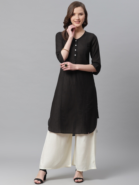 

Biba Women Black Solid Pintuck Detail Straight Kurta