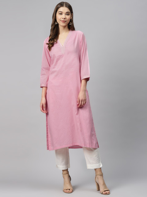 

Biba Women Pink & Golden Mukaish Work Straight Kurta