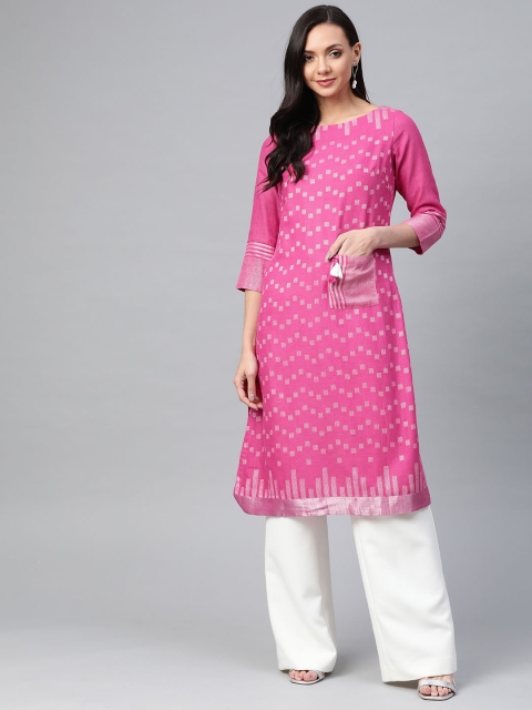 

Biba Women Pink & Off-White Geometric Printed Straight Kurta