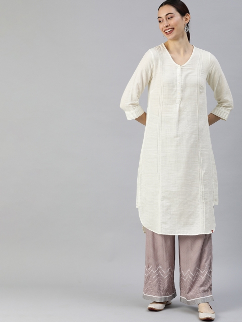 

Biba Women Off White Solid Pure Cotton Kurta