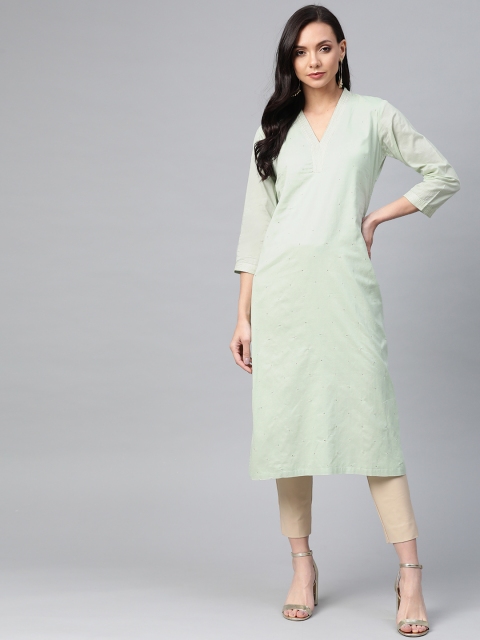 

Biba Women Green Mukaish Work Straight Kurta