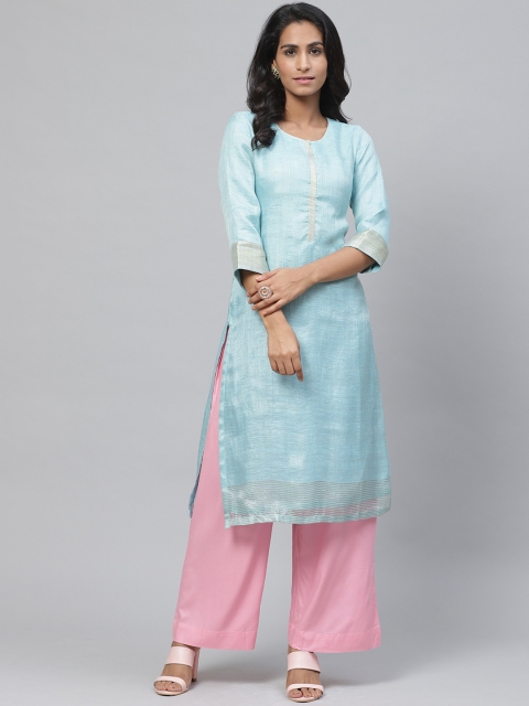 

Biba Women Blue Solid Straight Kurta With Sheen Effect