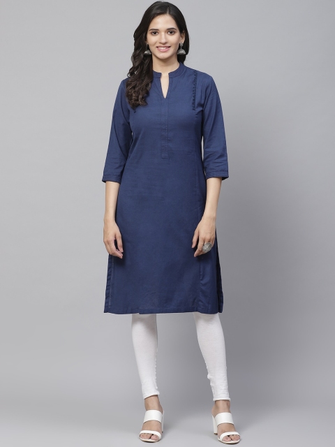 

Biba Women Navy Blue Solid Straight Kurta