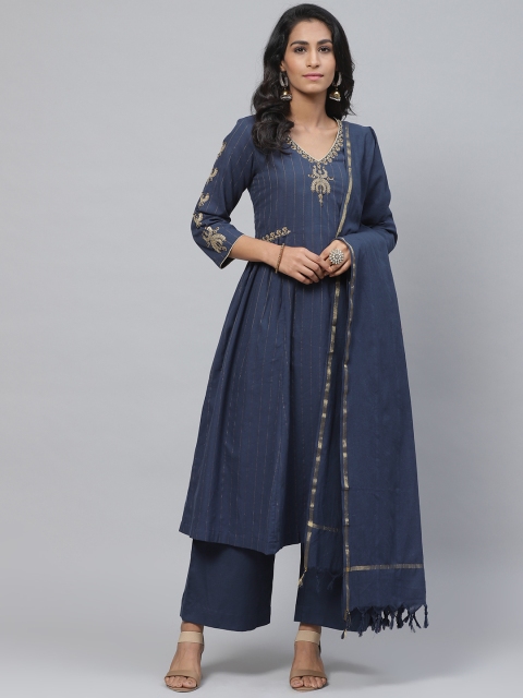 

Biba Women Navy Blue & Golden Striped Kurta with Palazzos & Dupatta