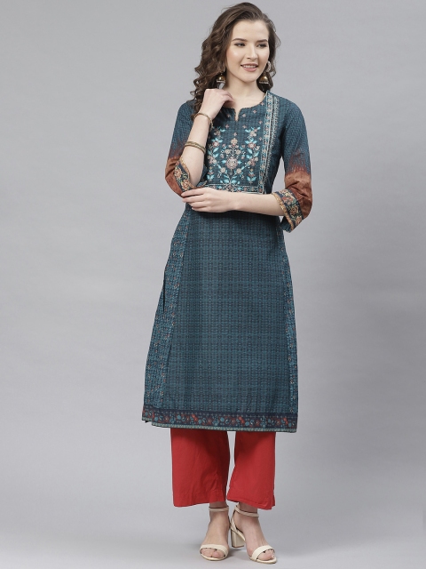 

Biba Women Teal Green Printed Straight Kurta