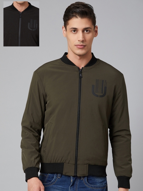 

Blackberrys Men Olive Green & Black Printed Back Reversible Bomber Jacket