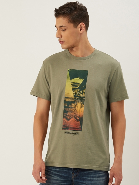 

AMERICAN EAGLE OUTFITTERS Men Olive Green Printed Round Neck T-shirt