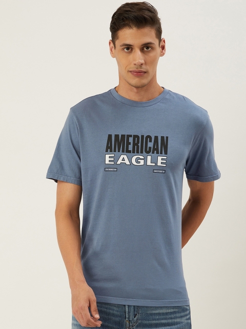 

AMERICAN EAGLE OUTFITTERS Men Blue & Black Brand Logo Print Round Neck T-shirt