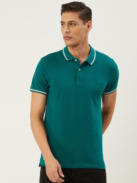 

AMERICAN EAGLE OUTFITTERS Men Teal Green Solid Slim Fit Polo Collar T-shirt