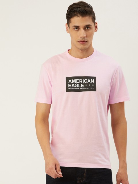 

AMERICAN EAGLE OUTFITTERS Men Pink Brand Logo Print Round Neck Pure Cotton T-shirt