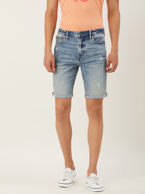 

AMERICAN EAGLE OUTFITTERS Men Blue Washed Slim Fit Denim Shorts