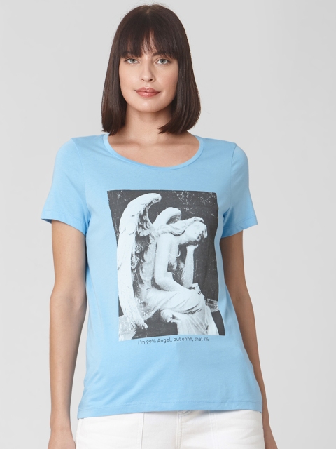 

Vero Moda Women Blue Printed Round Neck Pure Cotton T-shirt