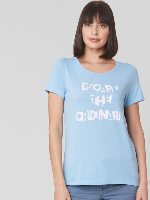 

Vero Moda Women Blue Printed Round Neck Pure Cotton T-shirt