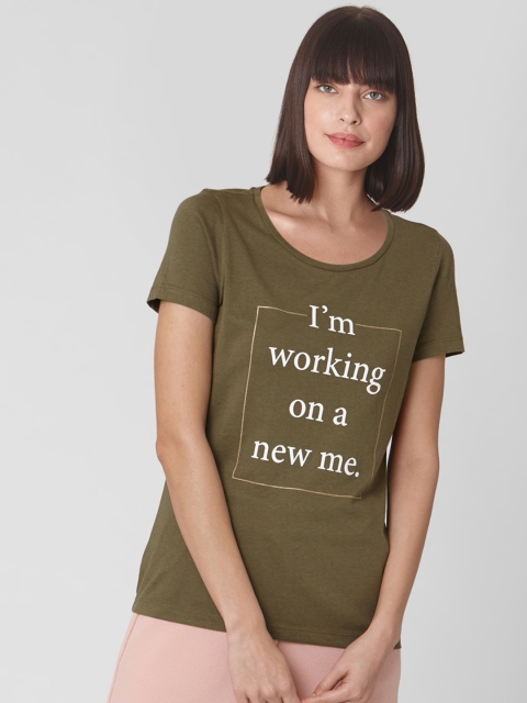 

Vero Moda Women Olive Green Printed Round Neck T-shirt