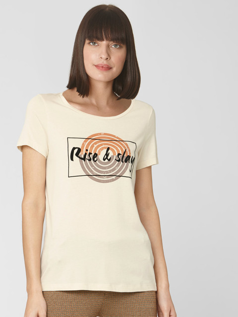 

Vero Moda Women Beige Printed Round Neck T-shirt