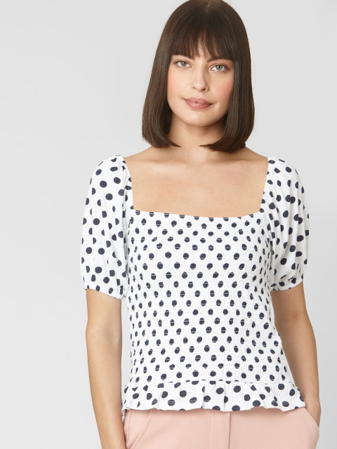 

Vero Moda Women White & Navy Blue Polka Dots Printed Smocked Top