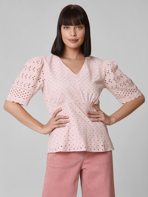 

Vero Moda Women Pink Self Design Schiffli Pure Cotton Top