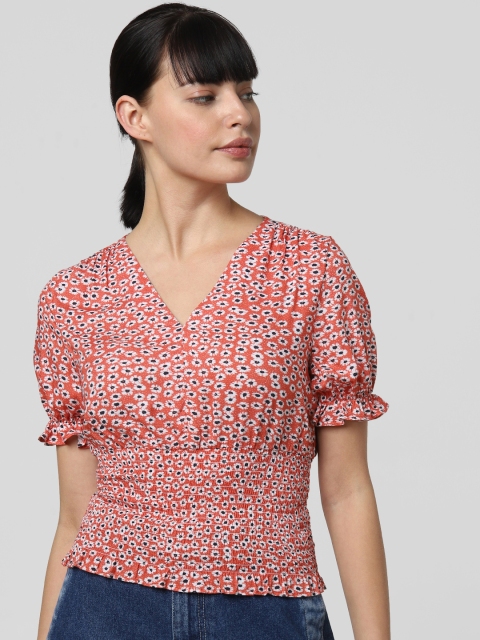 

Vero Moda Women Orange & White Floral Printed Smocked Top