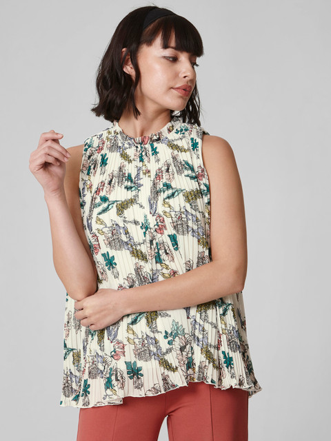 

Vero Moda Women White & Green Printed Accordion Pleats Top