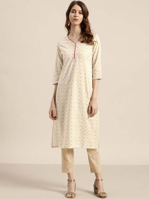

Sangria Women Off-White & Golden Printed Straight Kurta