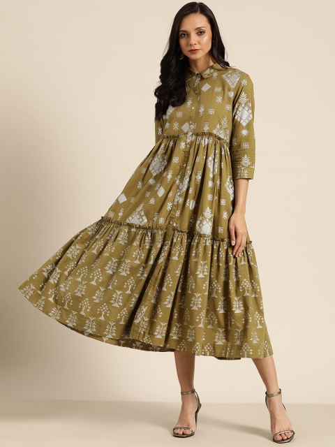 

Sangria Women Olive Green & Silver Printed Pure Cotton Tiered Midi Fit and Flare Dress