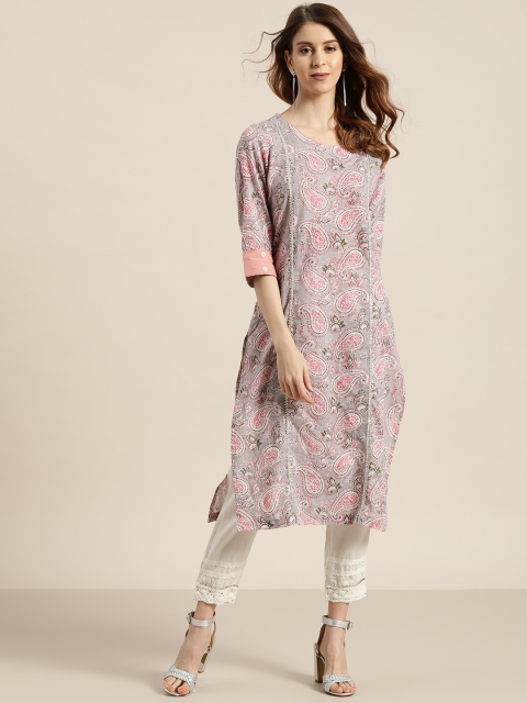 

Sangria Women Grey & Pink Paisley Print Straight Kurta