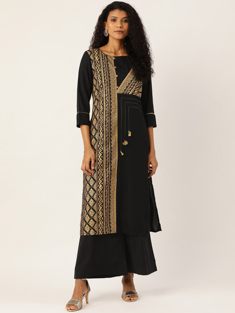 

Sangria Women Black & Golden Printed Kurta with Palazzos