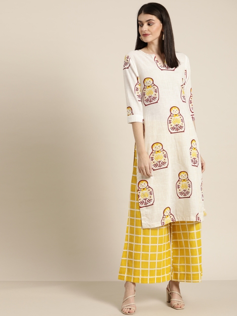 

Women White & Mustard Yellow Printed Kurta with Palazzos