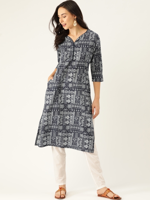 

Sangria Women Navy Blue & White Printed Straight Kurta