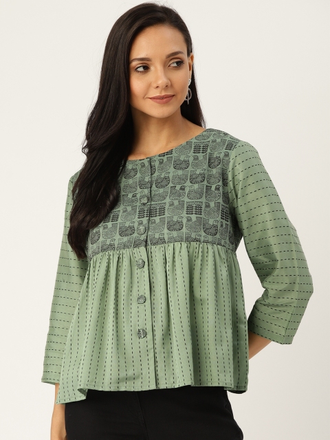 

Sangria Women Green & Black Woven Design Empire Top