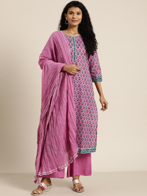 

Sangria Women Pink & Blue Ethnic Print Kurta with Palazzos & Dupatta