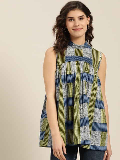 

Sangria Women Fluorescent Green & Blue Pure Cotton Checked Flared A-Line Top
