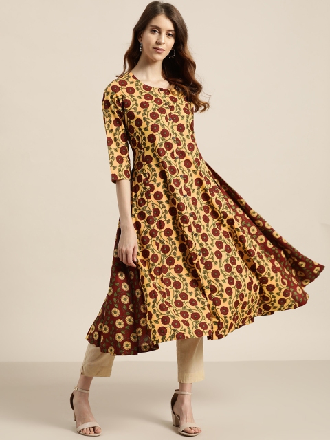 

Sangria Women Mustard Yellow & Maroon Printed A-Line Kurta
