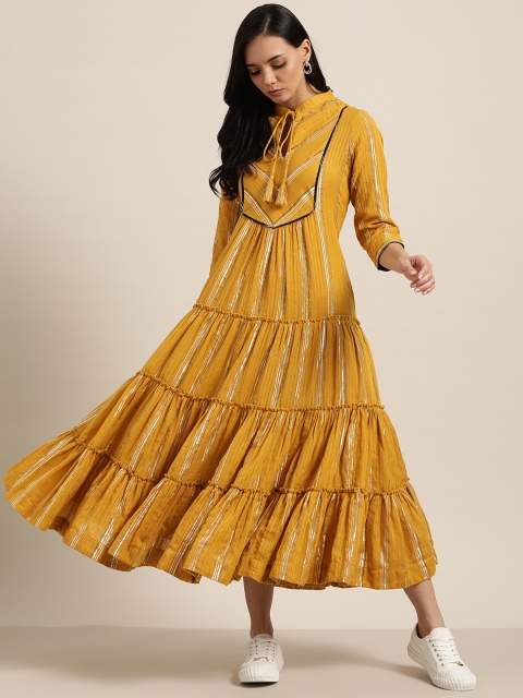 

Sangria Women Mustard Yellow & Golden Striped Tiered Fit & Flare Midi Dress