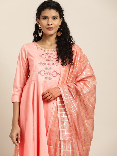 

Sangria Women Peach-Coloured Yoke Design Anarkali Kurta Set with Dupatta