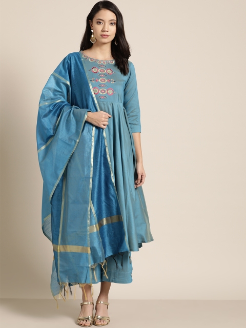 

Sangria Women Blue & Golden Yoke Design Kurta with Palazzos & Dupatta