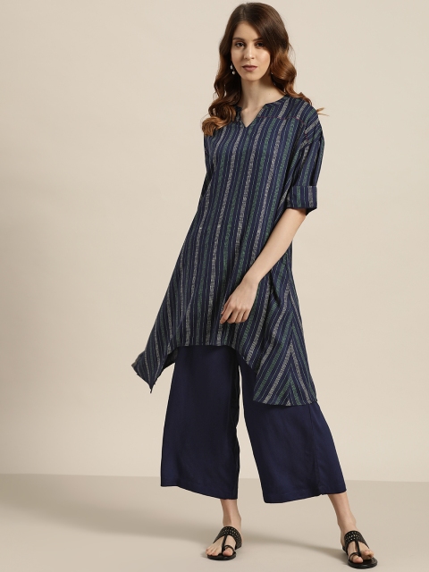 

Sangria Women Navy Blue & Green Striped Kurta with Palazzos