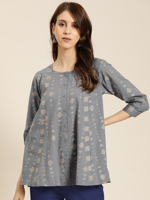 

Sangria Women Grey & Golden Printed A-Line Top
