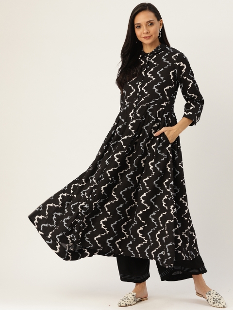 

Sangria Women Black & Grey Chevron Ikkat Print Kurta with Palazzos