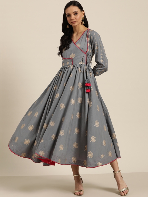 

Sangria Women Grey & Golden Printed Fit and Flare Dress