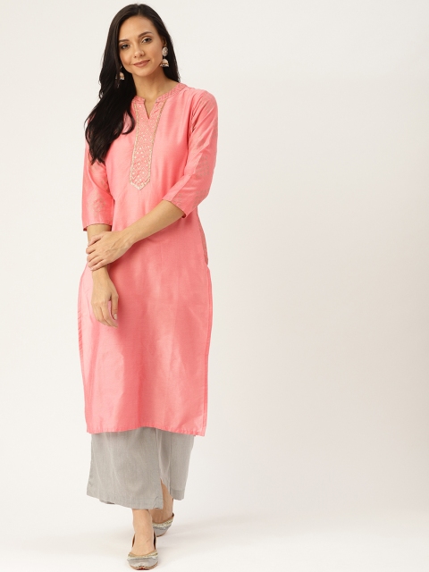

Sangria Women Pink & Grey Yoke Design Kurta with Palazzos