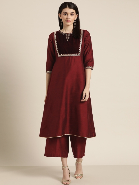 

Sangria Women Maroon Solid Kurta Velvet Detail With Palazzos