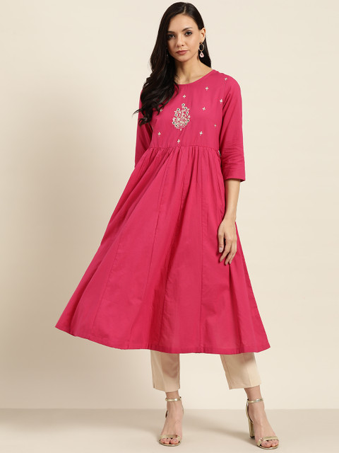 

Sangria Women Pink & Golden Yoke Design A-Line Kurta