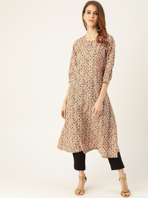 

Sangria Women Pink & Mustard Yellow Printed A-Line Kurta