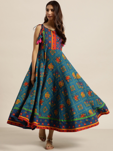 

Sangria Women Teal Green & Mustard Yellow Printed Ethnic Maxi Dress